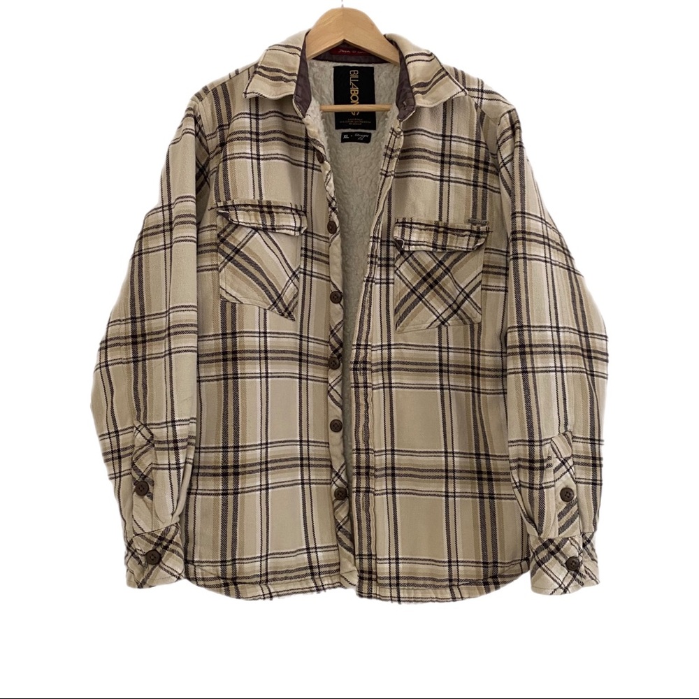 Vintage Y2K Billabong Sherpa Lined Flannel Shacket Shirt Jacket Tan Brown XL